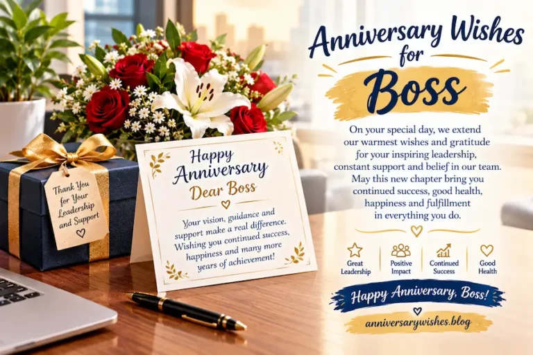 Anniversary Wishes for Boss with flowers, gift and greeting card, AnniversaryWishes.blog