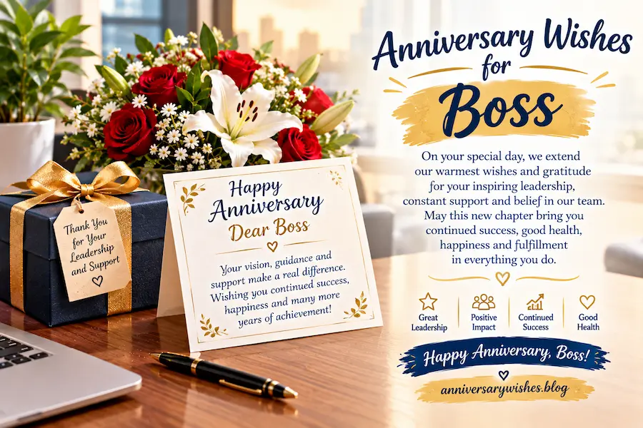 Anniversary Wishes for Boss with flowers, gift and greeting card, AnniversaryWishes.blog