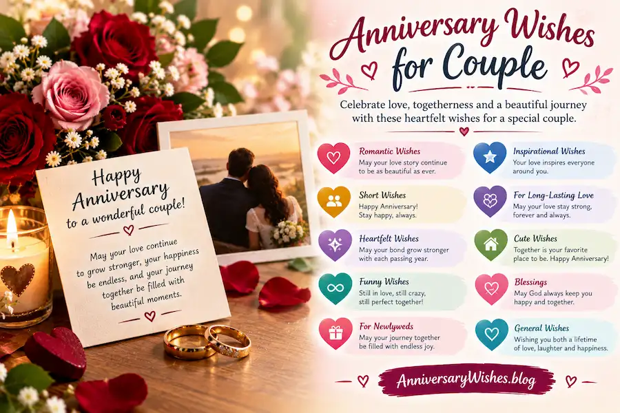 Anniversary Wishes for Couple with roses, rings and heartfelt card, AnniversaryWishes.blog