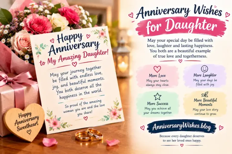 Anniversary Wishes for Daughter with flowers, rings and heartfelt card, AnniversaryWishes.blog