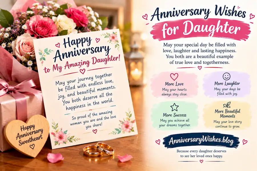 Anniversary Wishes for Daughter with flowers, rings and heartfelt card, AnniversaryWishes.blog