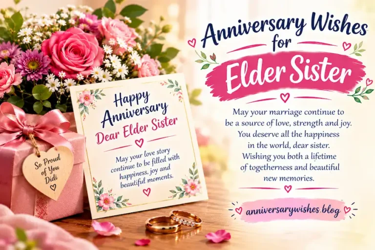 Anniversary Wishes for Elder Sister with flowers, rings and card, AnniversaryWishes.blog
