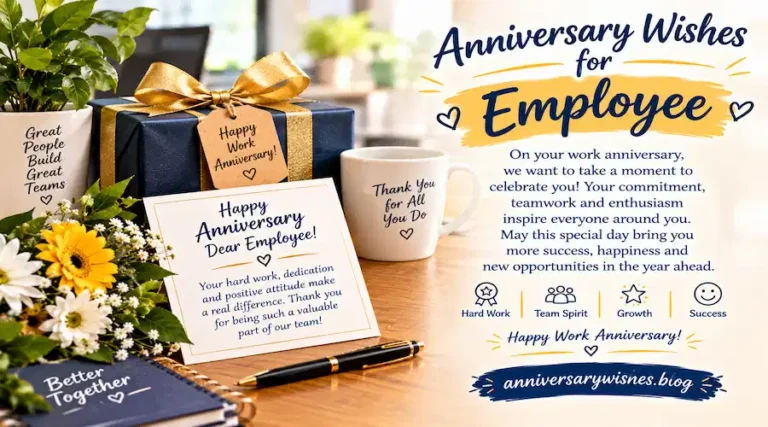 Anniversary Wishes for Employee with gift, flowers and work card, AnniversaryWishes.blog