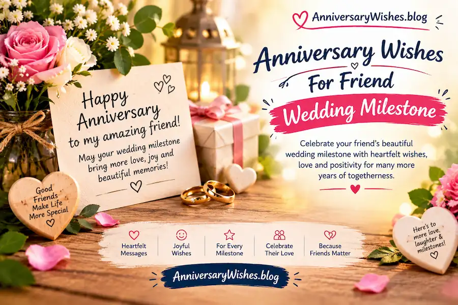 Anniversary Wishes for Friend Wedding Milestone with flowers and rings, AnniversaryWishes.blog