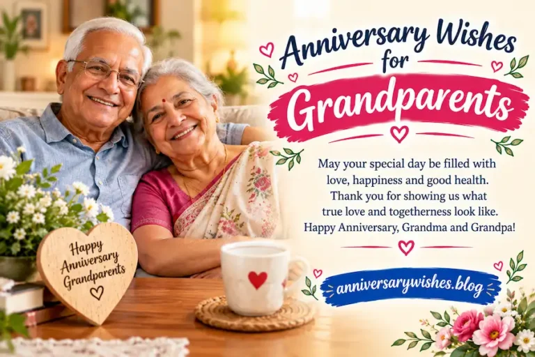 Anniversary Wishes for Grandparents with flowers, rings and card, AnniversaryWishes.blog