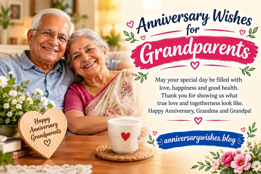 Anniversary Wishes for Grandparents with flowers, rings and card, AnniversaryWishes.blog
