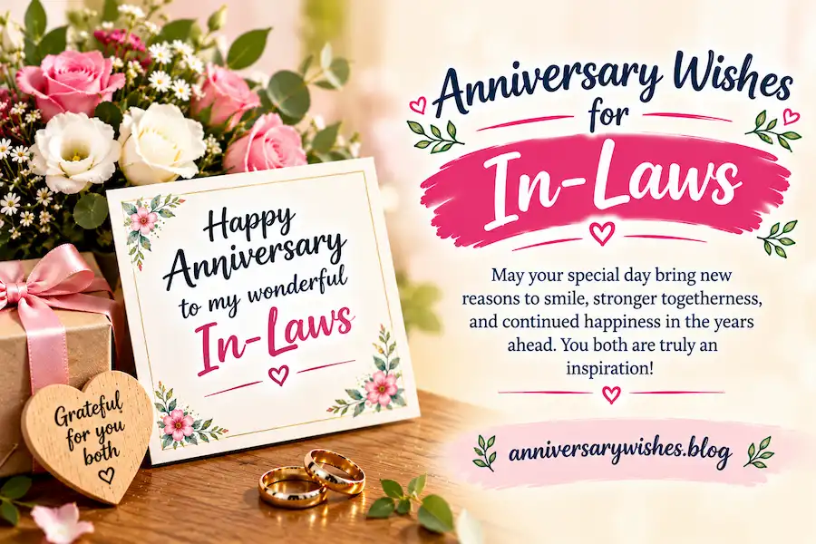Anniversary Wishes for In-Laws with flowers, rings and card, AnniversaryWishes.blog