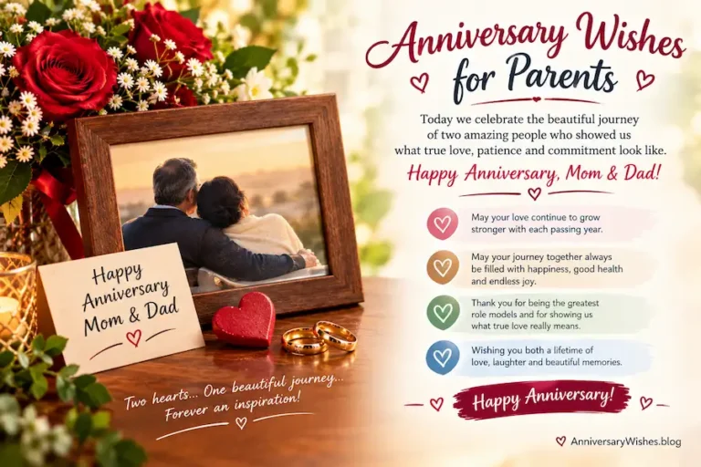 Anniversary Wishes for Parents with flowers, wedding rings and a heartfelt anniversary card, AnniversaryWishes.blog