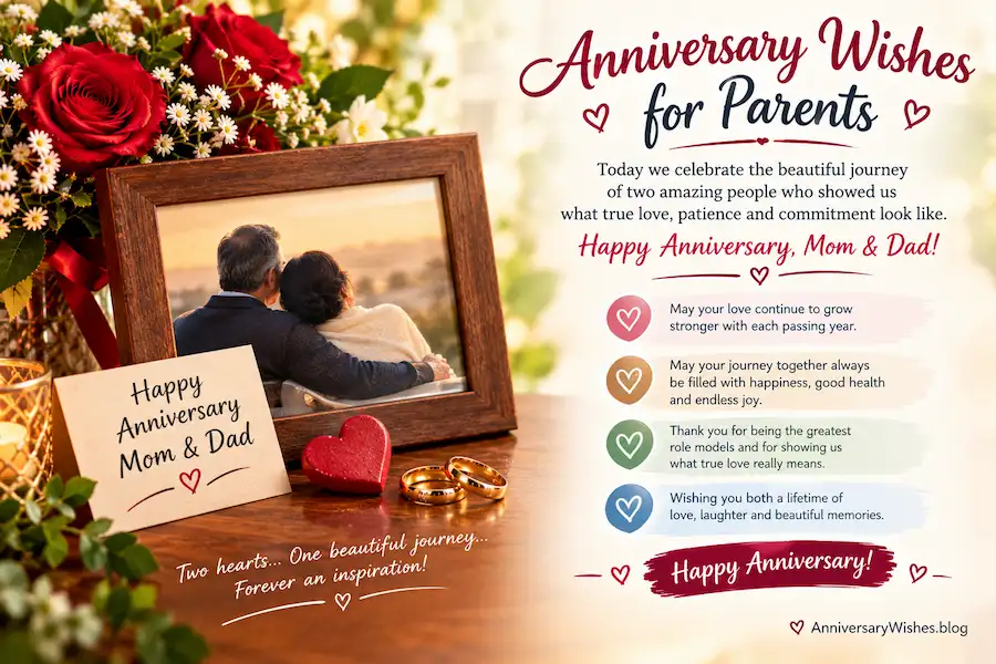 Anniversary Wishes for Parents with flowers, wedding rings and a heartfelt anniversary card, AnniversaryWishes.blog