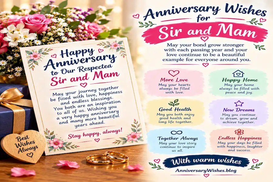 Anniversary Wishes for Sir and Mam with flowers, rings and card, AnniversaryWishes.blog