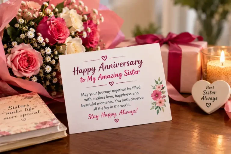 Anniversary Wishes for Sister with roses, gift and heartfelt card, AnniversaryWishes.blog
