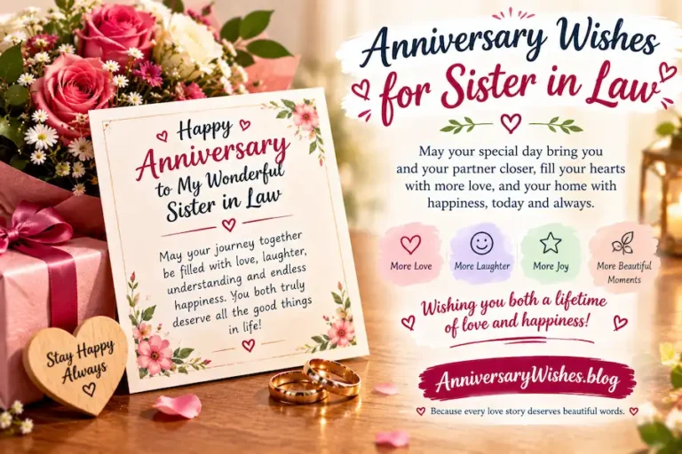 Anniversary Wishes for Sister in Law with roses, rings and card, AnniversaryWishes.blog