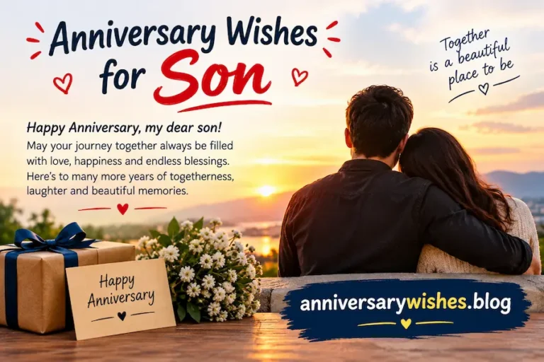 Anniversary Wishes for Son featuring a loving couple at sunset, flowers, a gift, romantic hearts, and anniversarywishes.blog branding.