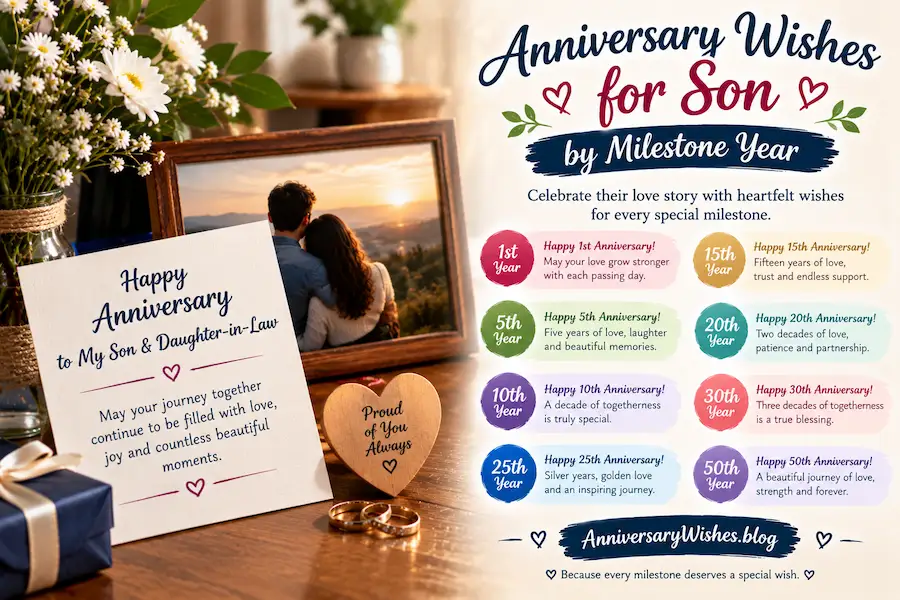 Anniversary Wishes for Son by Milestone Year with rings, flowers and anniversary card, AnniversaryWishes.blog