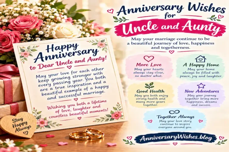 Anniversary Wishes for Uncle and Aunty with flowers, rings and card, AnniversaryWishes.blog