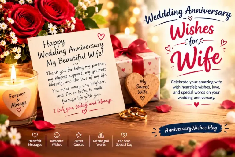 Wedding Anniversary Wishes for Wife with roses, rings and romantic card, AnniversaryWishes.blog