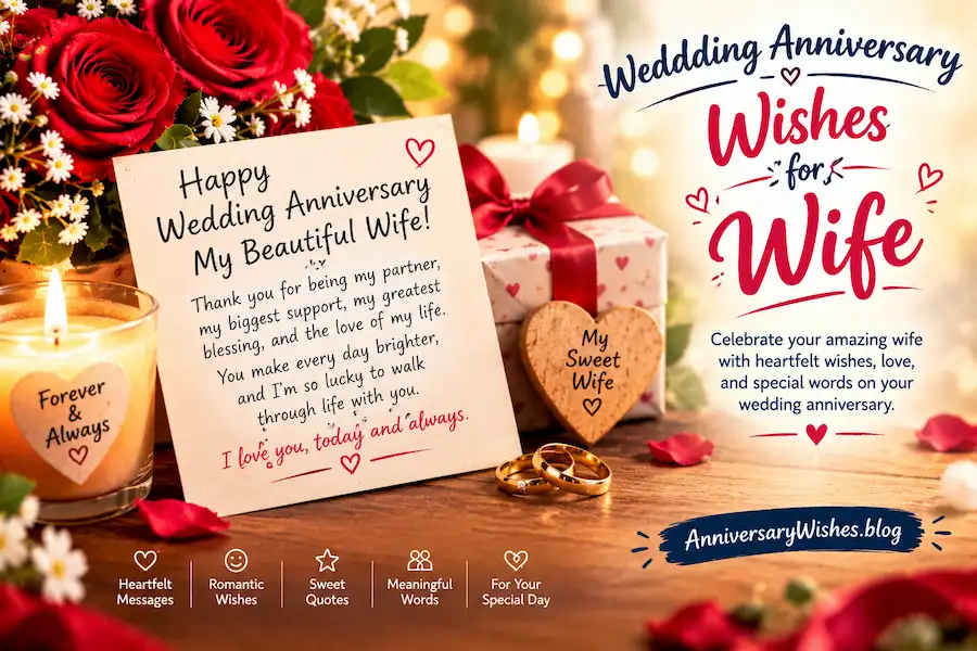 Wedding Anniversary Wishes for Wife with roses, rings and romantic card, AnniversaryWishes.blog