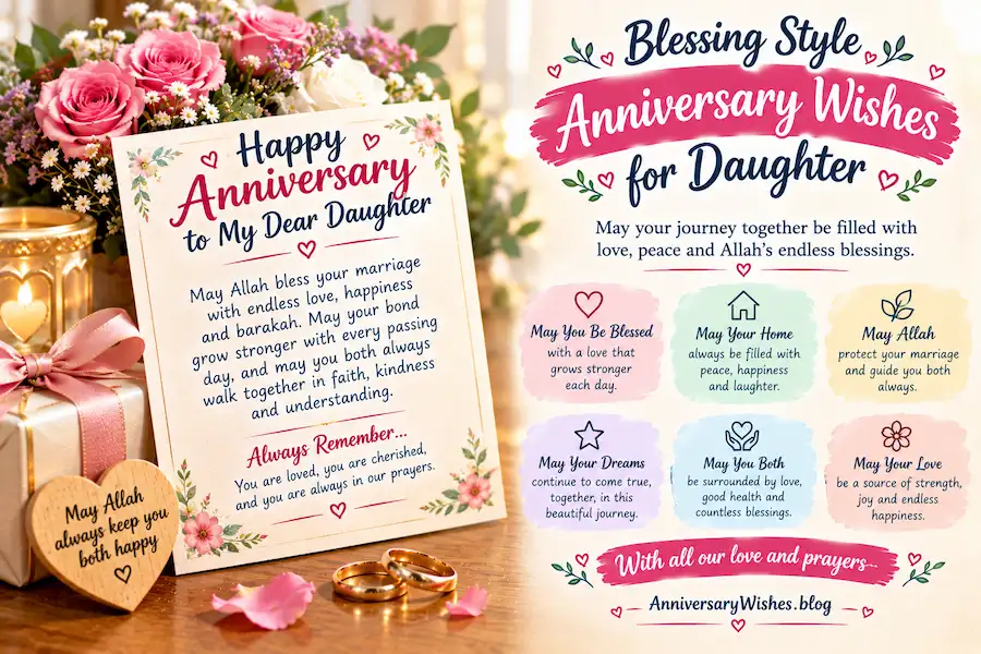 Blessing Style Anniversary Wishes for Daughter with flowers, rings and card, AnniversaryWishes.blog