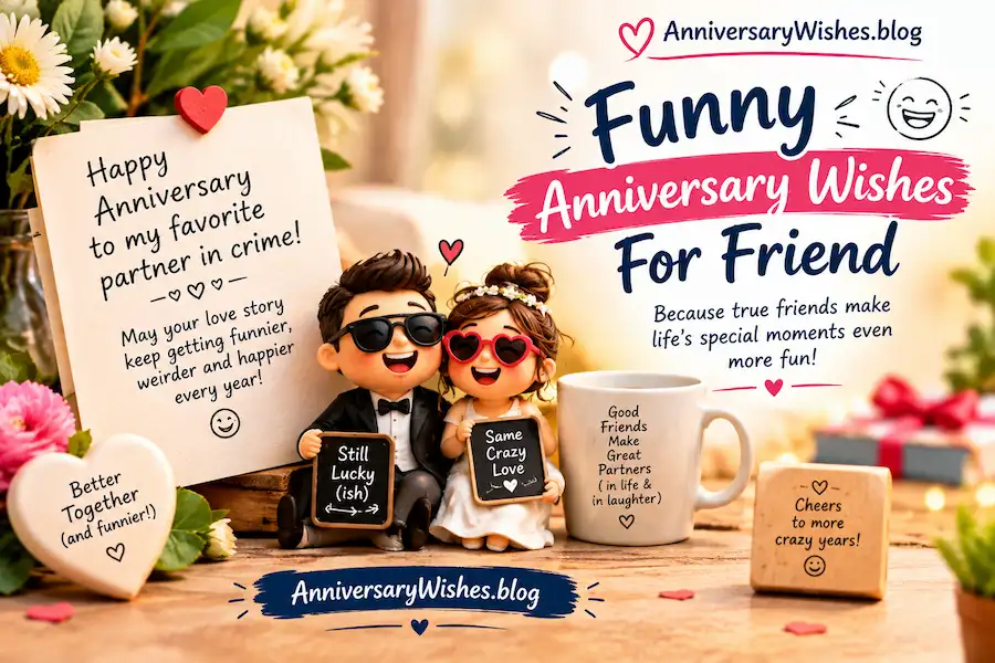 Funny Anniversary Wishes For Friend with playful couple and gifts, Anniversary Wishes.blog