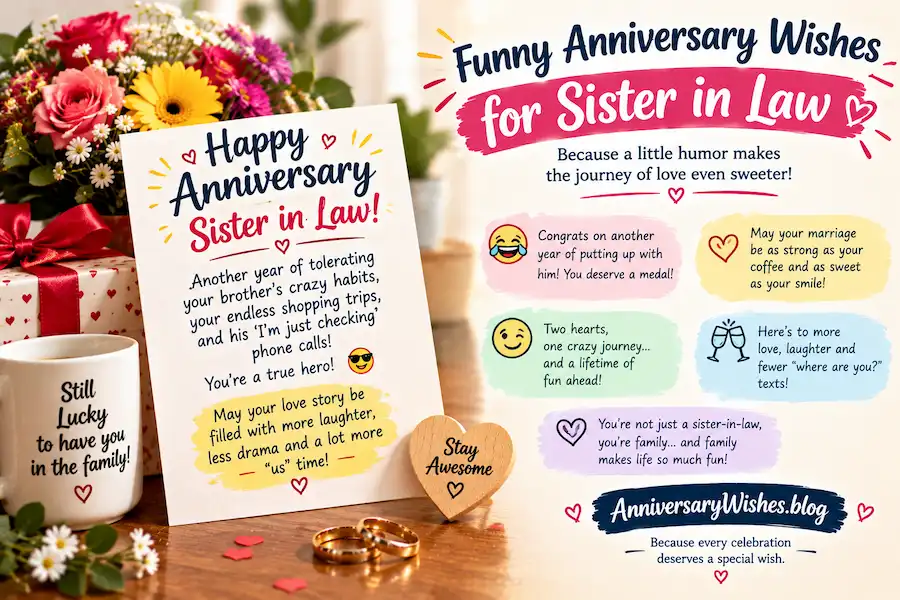 Funny Anniversary Wishes for Sister in Law with flowers, rings and card, AnniversaryWishes.blog