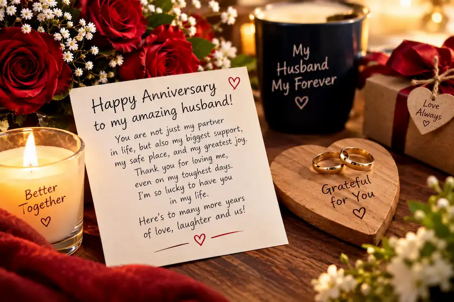 Heart Touching Anniversary Wishes For Husband with roses, rings and heartfelt card, AnniversaryWishes.blog