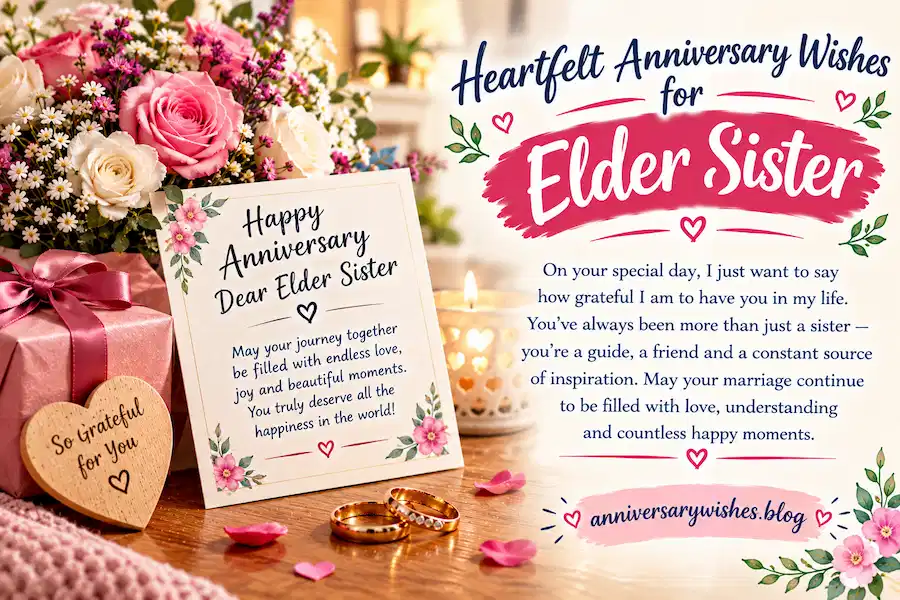 Heartfelt Anniversary Wishes for Elder Sister with flowers and rings, AnniversaryWishes.blog