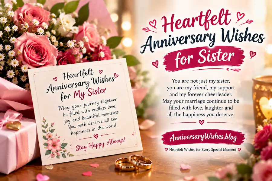 Heartfelt Anniversary Wishes for Sister with flowers, rings and card, AnniversaryWishes.blog