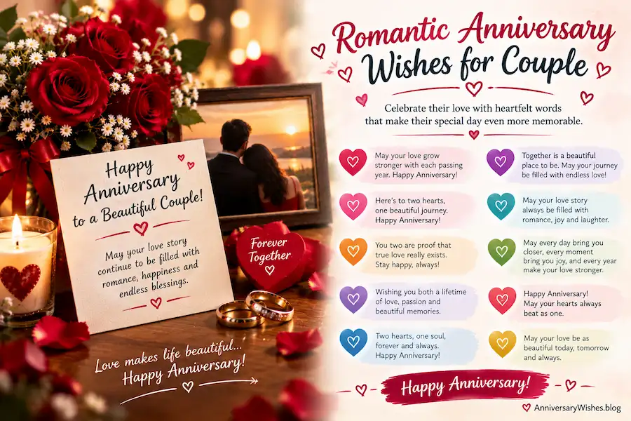 Romantic Anniversary Wishes for Couple with roses, rings and love card, AnniversaryWishes.blog