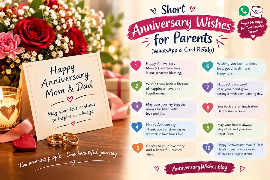 Short Anniversary Wishes for Parents for WhatsApp and cards, AnniversaryWishes.blog
