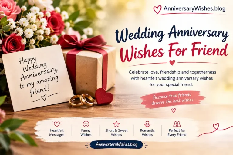Wedding Anniversary Wishes For Friend with romantic flowers, rings, and AnniversaryWishes.blog