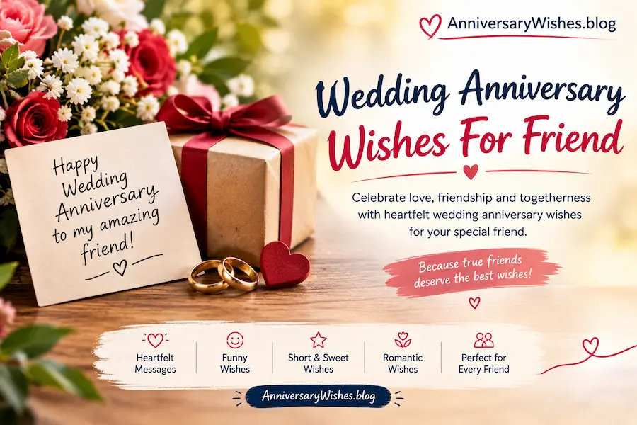 Wedding Anniversary Wishes For Friend with romantic flowers, rings, and AnniversaryWishes.blog