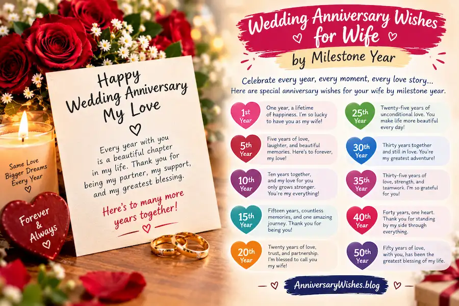 Wedding Anniversary Wishes for Wife by Milestone Year with roses, rings and anniversary cards, AnniversaryWishes.blog