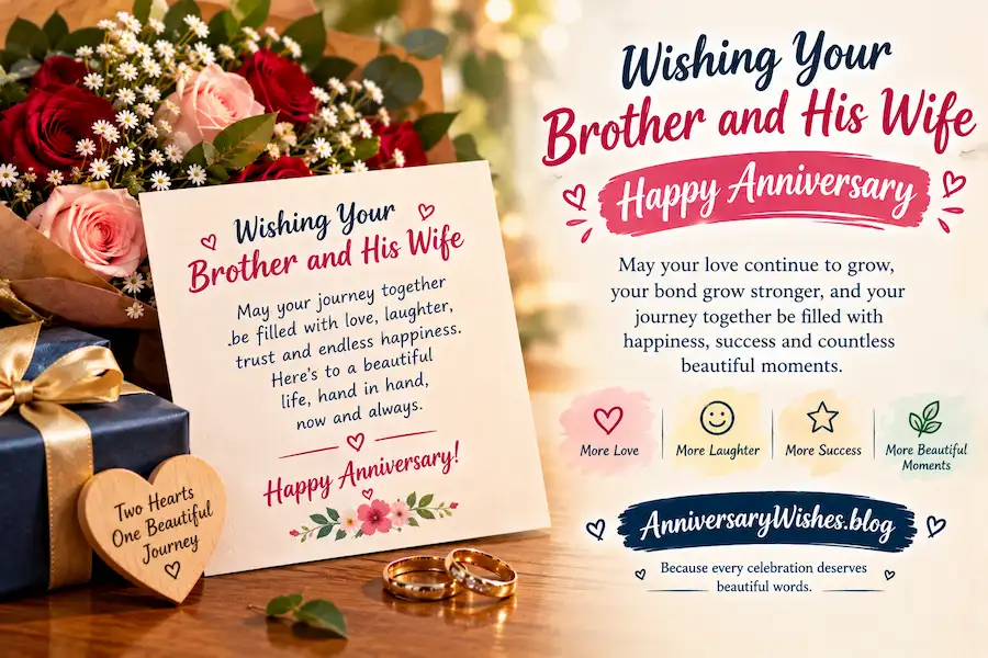 Wishing Your Brother and His Wife with roses, rings and anniversary card, AnniversaryWishes.blog