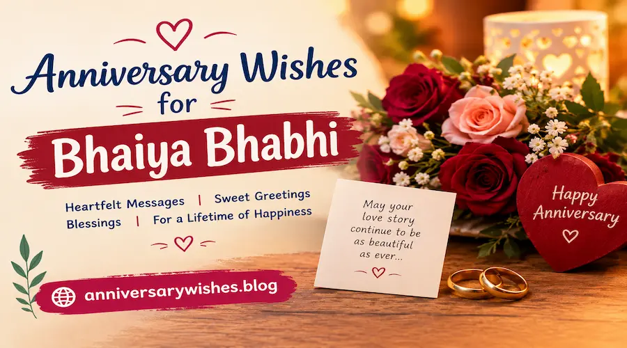 Anniversary Wishes for Bhaiya Bhabhi with red roses, golden wedding rings, and anniversarywishes.blog branding.