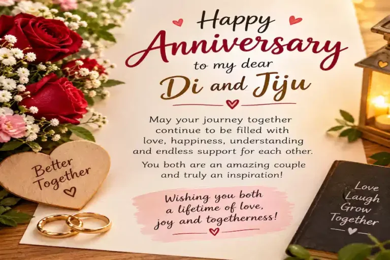 “Elegant anniversary greeting card for Di and Jiju, decorated with red roses, flowers, hearts, golden wedding rings, and warm candlelight. The card features a heartfelt message wishing them a lifetime of love, happiness, joy, and togetherness.”