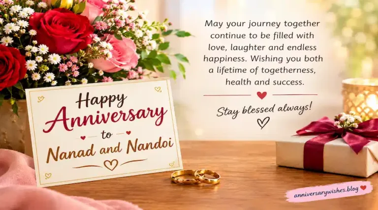 Happy Anniversary wishes for Nanad and Nandoi with roses, wedding rings, gift box, and a romantic anniversary greeting card.