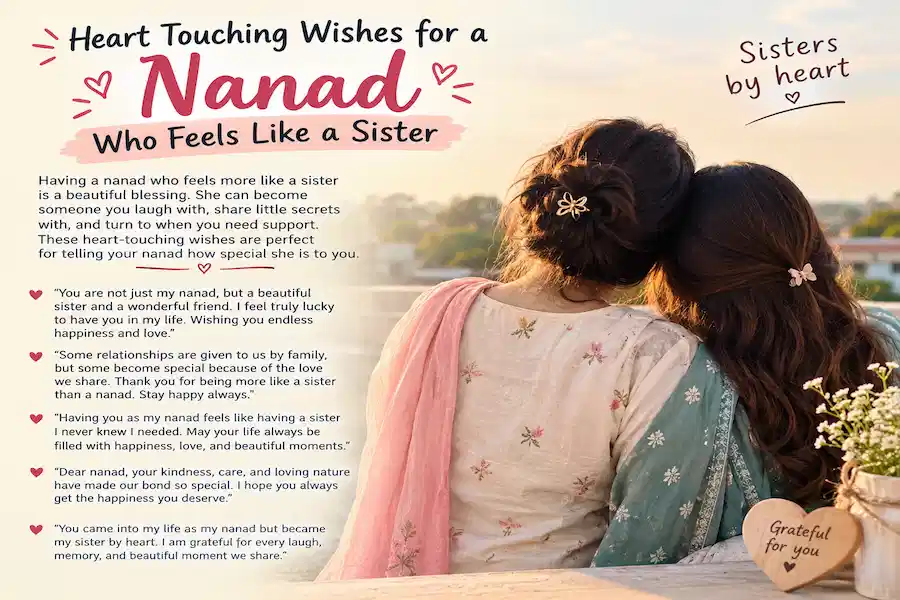 Heart touching wishes for a nanad who feels like a sister, featuring two women sharing a warm sisterly moment. anniversary.blog