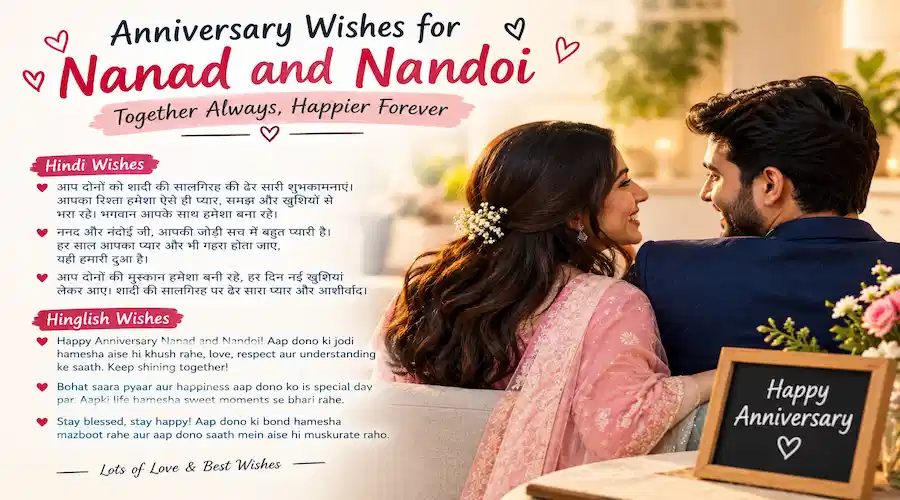 Anniversary wishes for Nanad and Nandoi in Hindi and Hinglish, featuring a happy couple celebrating their wedding anniversary with flowers and a festive greeting.
