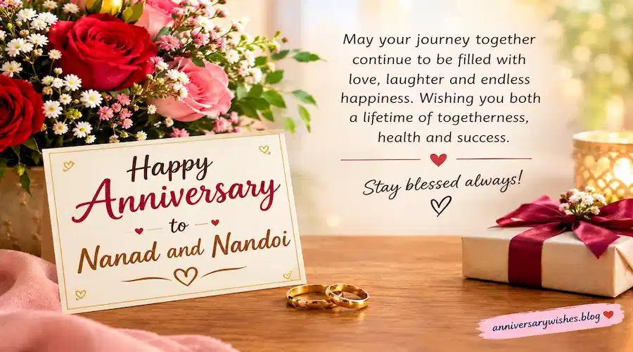 Happy Anniversary wishes for Nanad and Nandoi with roses, wedding rings, gift box, and a romantic anniversary greeting card.
