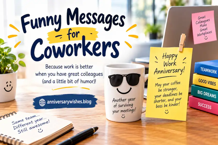 Funny Messages for Coworkers with office desk, coffee mug and cards, anniversarywishes.blog