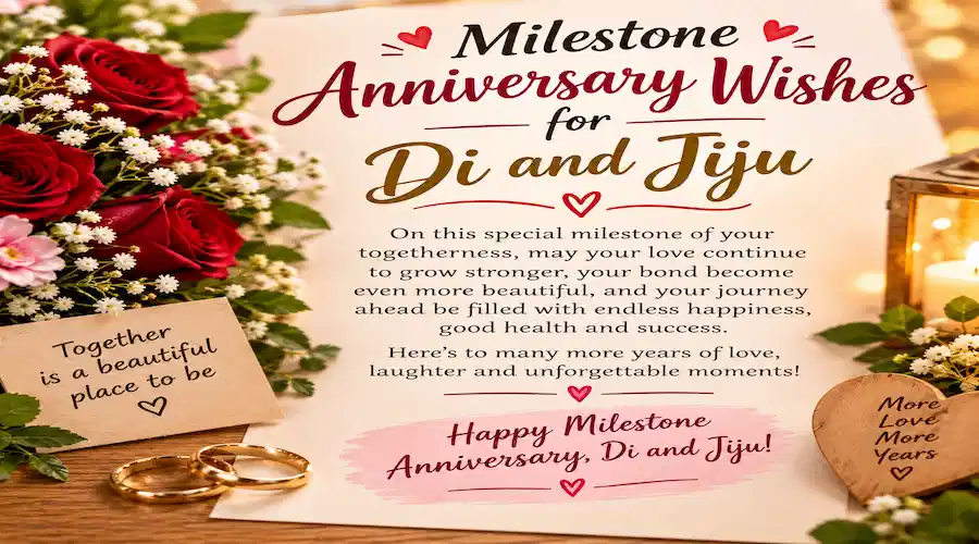 Milestone anniversary wishes for Di and Jiju with roses, wedding rings, hearts, and warm candlelight.”