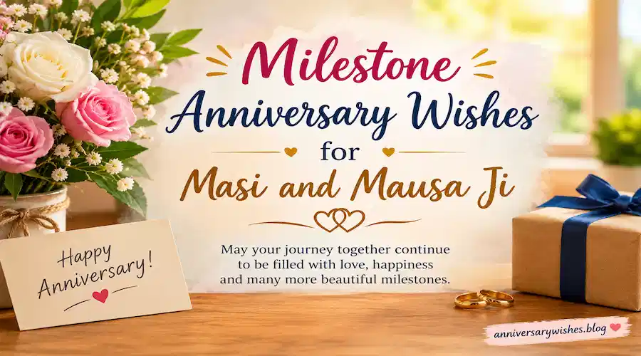 Milestone Anniversary Wishes for Masi and Mausa Ji with flowers, wedding rings, gift box, and a romantic anniversary greeting card.