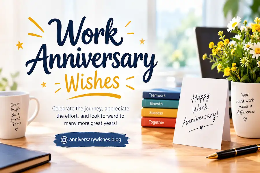Work Anniversary Wishes with office desk, card and flowers, anniversarywishes.blog