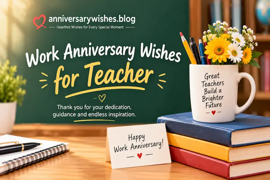 Work Anniversary Wishes for Teacher with books, flowers and anniversary card, anniversarywishes.blog