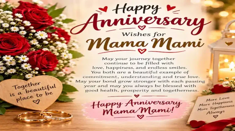 “Beautiful anniversary wishes for Mama and Mami, featuring red roses, white flowers, golden wedding rings, hearts, a glowing lantern, and romantic wooden decorations. The card wishes them lasting love, happiness, good health, prosperity, togetherness, and many more wonderful years together.”