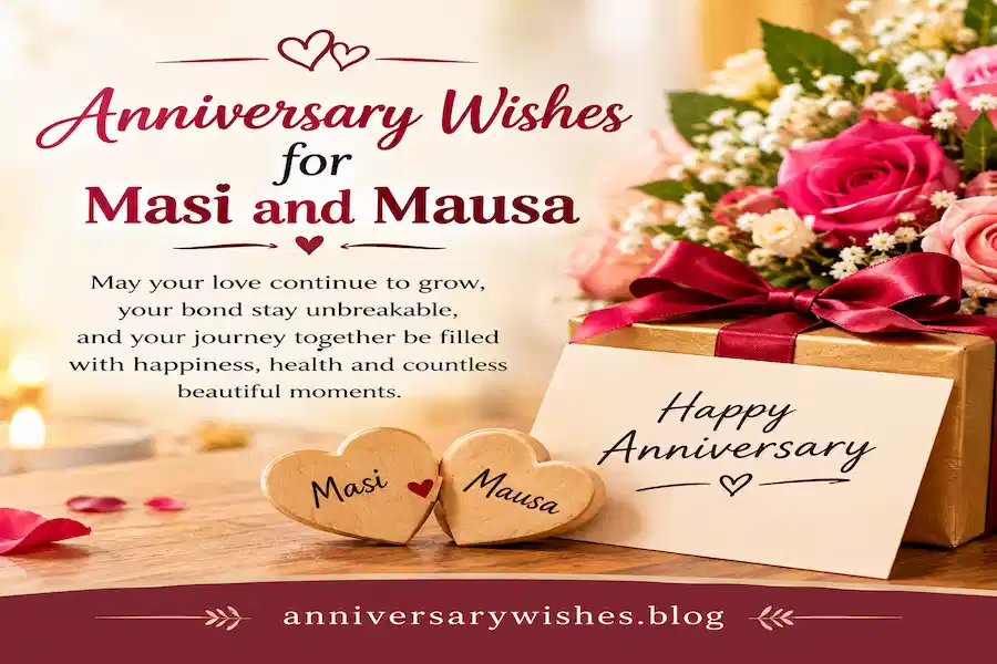 Anniversary Wishes for Masi and Mausa with flowers, rings and card, anniversarywishes.blog
